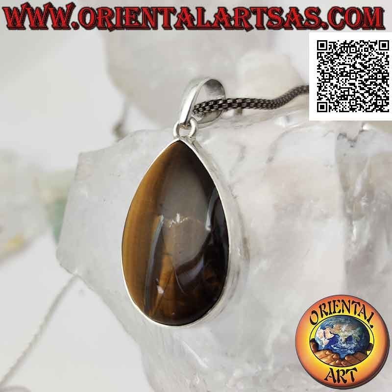 Pendentif en argent avec gros cabochon goutte oeil de tigre sur monture lisse