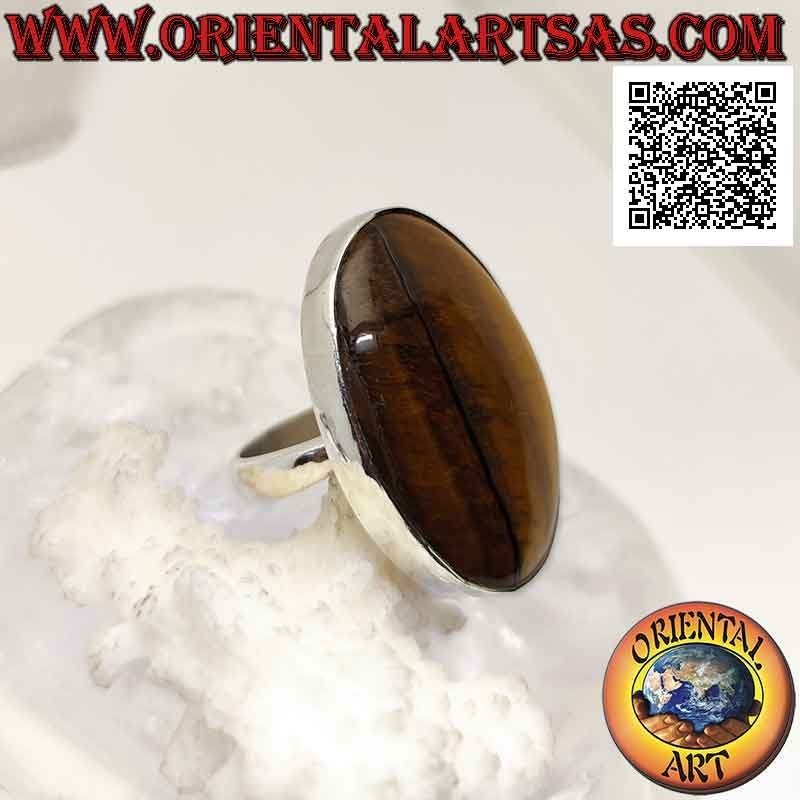 Anello in argento con grande occhio di tigre ovale a striature verticali su montatura liscia (regolabile)