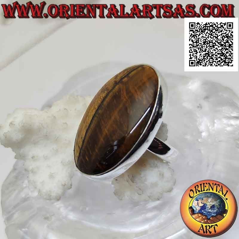 Silver ring with large oval tiger eye with vertical streaks on smooth setting (adjustable)