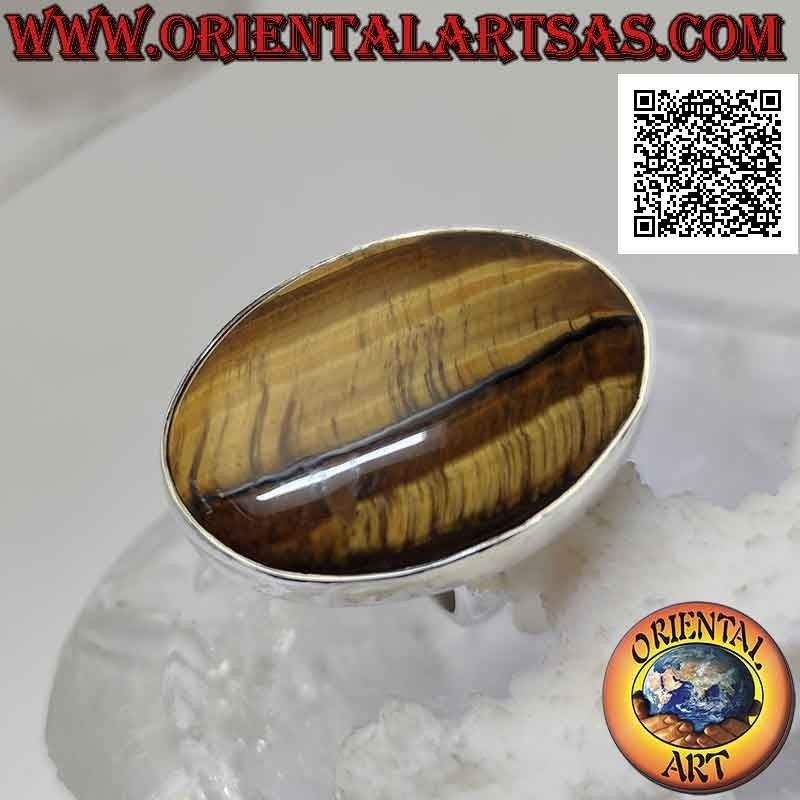 Anello in argento con grande occhio di tigre ovale a striature verticali su montatura liscia (regolabile)