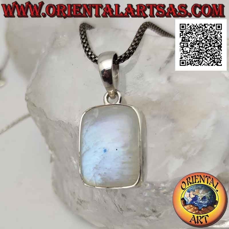 Silver pendant with rectangular beveled cabochon rainbow moonstone on smooth setting