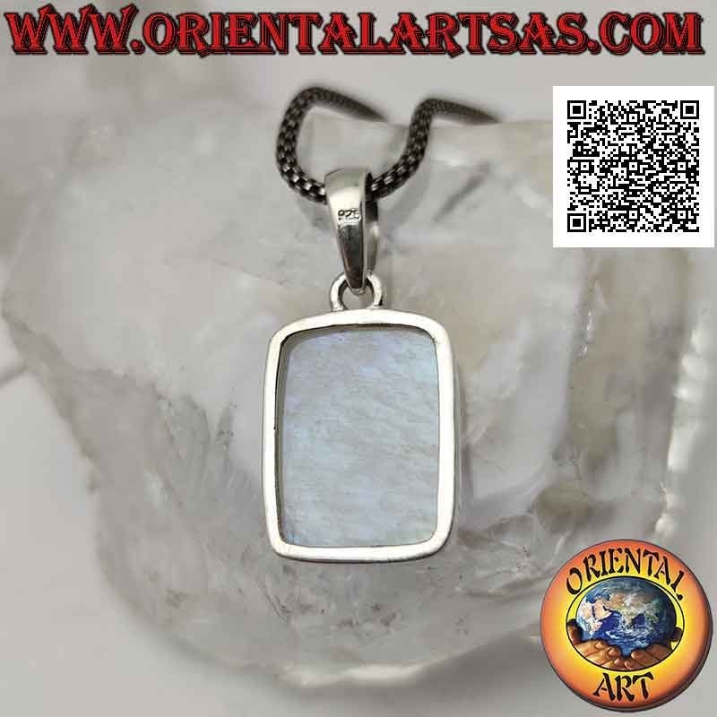 Silver pendant with rectangular beveled cabochon rainbow moonstone on smooth setting