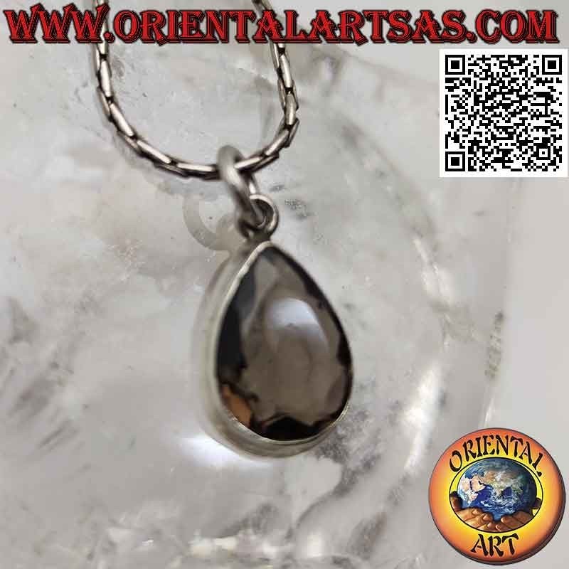 Colgante de plata con cuarzo ahumado en forma de lágrima facetada en engaste liso