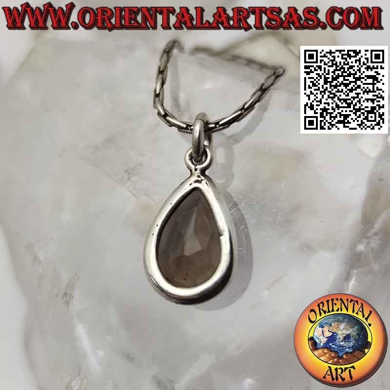 Silver pendant with faceted teardrop smoky quartz on smooth setting