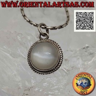 Silver pendant with round cabochon moonstone surrounded by weaving