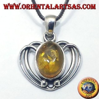 Argent Pendentif Coeur avec Amber Oval