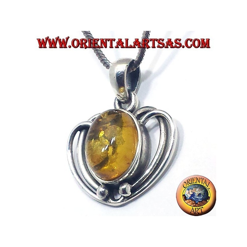 Argent Pendentif Coeur avec Amber Oval
