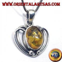 Silver Heart Pendant with Amber Oval