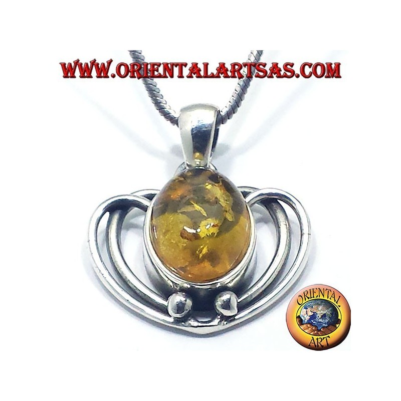 Argent Pendentif Coeur avec Amber Oval