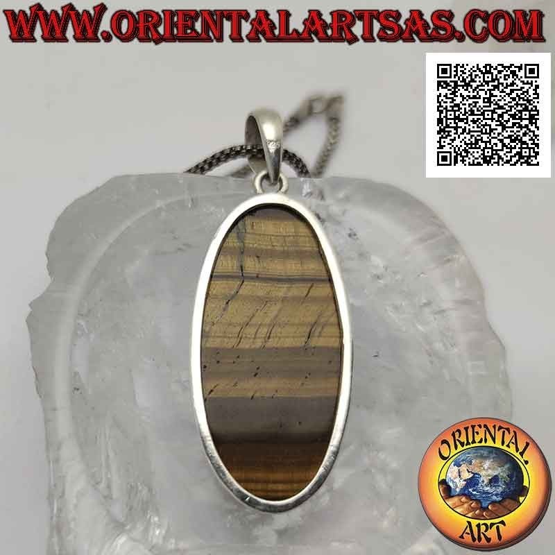 Colgante de plata con gran ojo de tigre ovalado con rayas horizontales sobre un marco liso