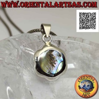 Pendentif en argent, fleur ronde avec ormeau rond central (coquillage paua) (A)