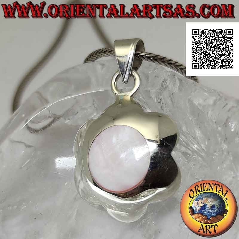 Silberanhänger, runde Blume mit zentralem runden rosa fluoreszierenden Perlmutt (abgerundet)