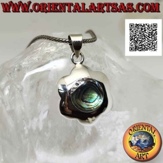 Silver pendant, rounded flower with central round abalone (paua shell)