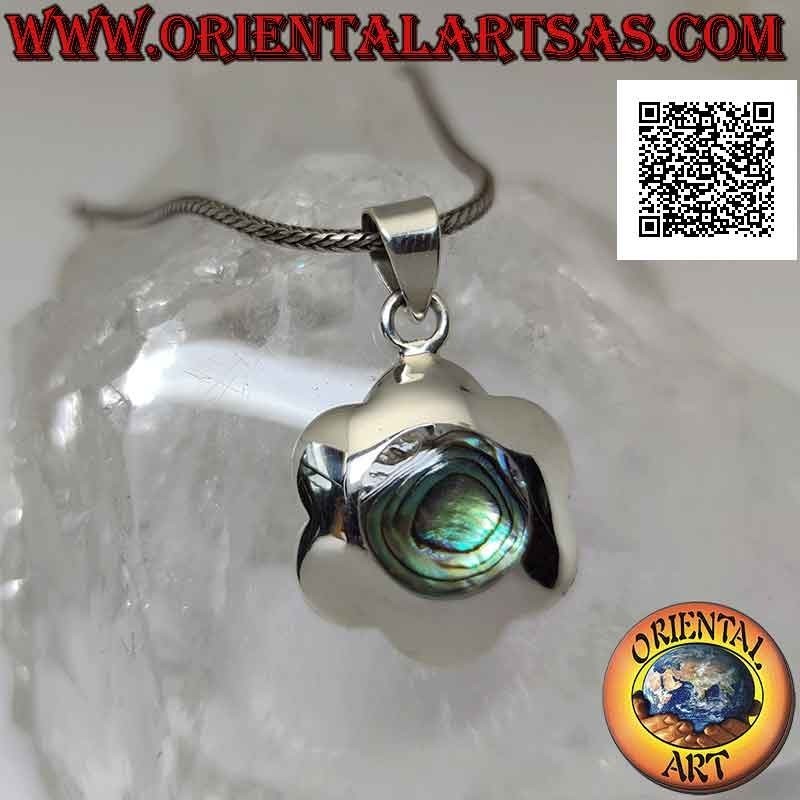 Silver pendant, rounded flower with central round abalone (paua shell)