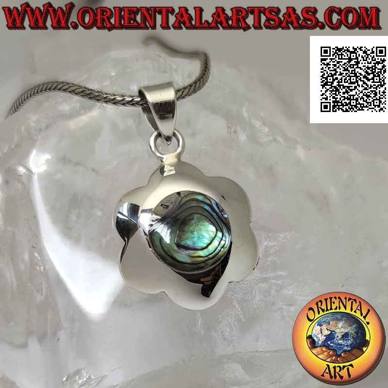 Ciondolo in argento, fiore tondeggiante con abalone (paua shell) tondo centrale (bombato)