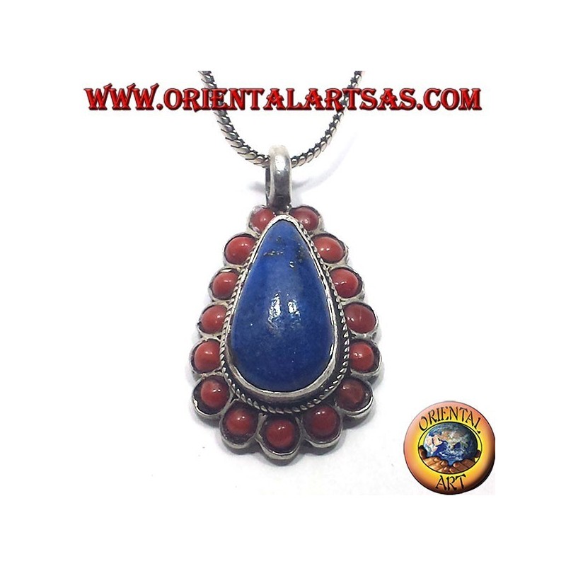 Pendentif argent Lapis goutte entouré de corail