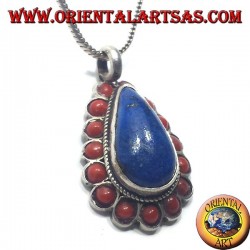 Pendentif argent Lapis goutte entouré de corail