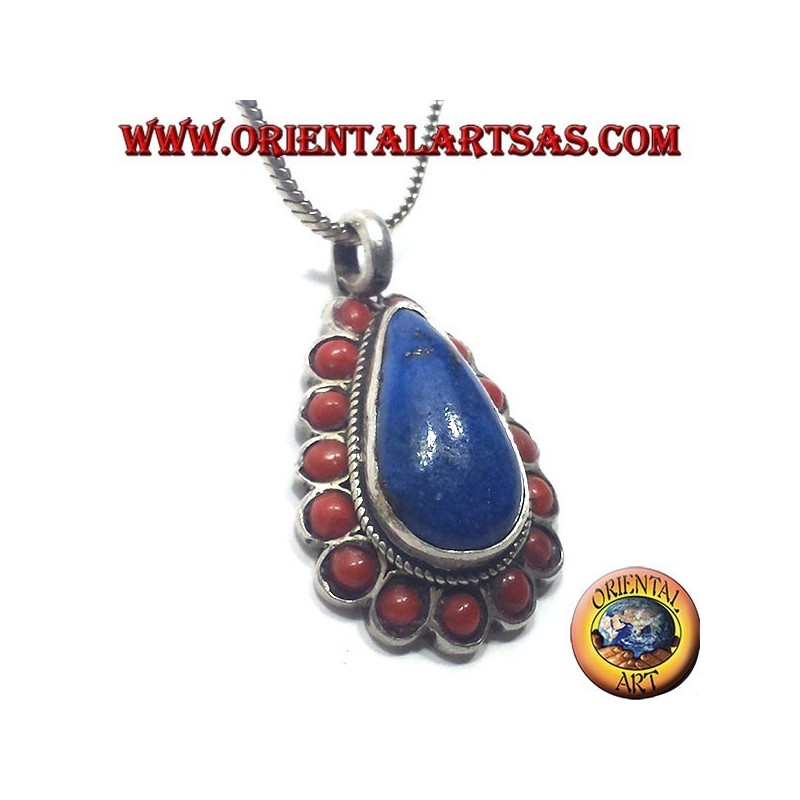 Colgante de plata de Lapis gota rodeado por el coral
