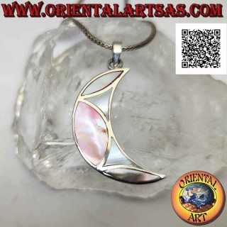 Colgante de plata, media luna plana decorada con mosaico de nácar multicolor
