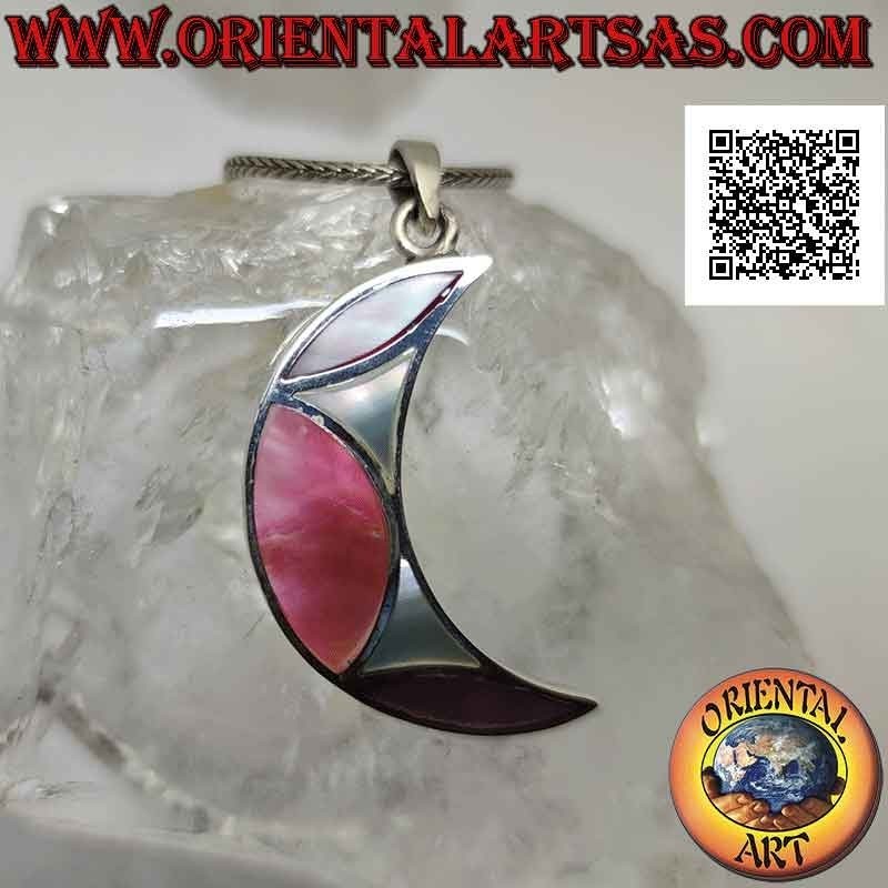 Silver pendant, flat crescent decorated with multicolor mother-of-pearl mosaic