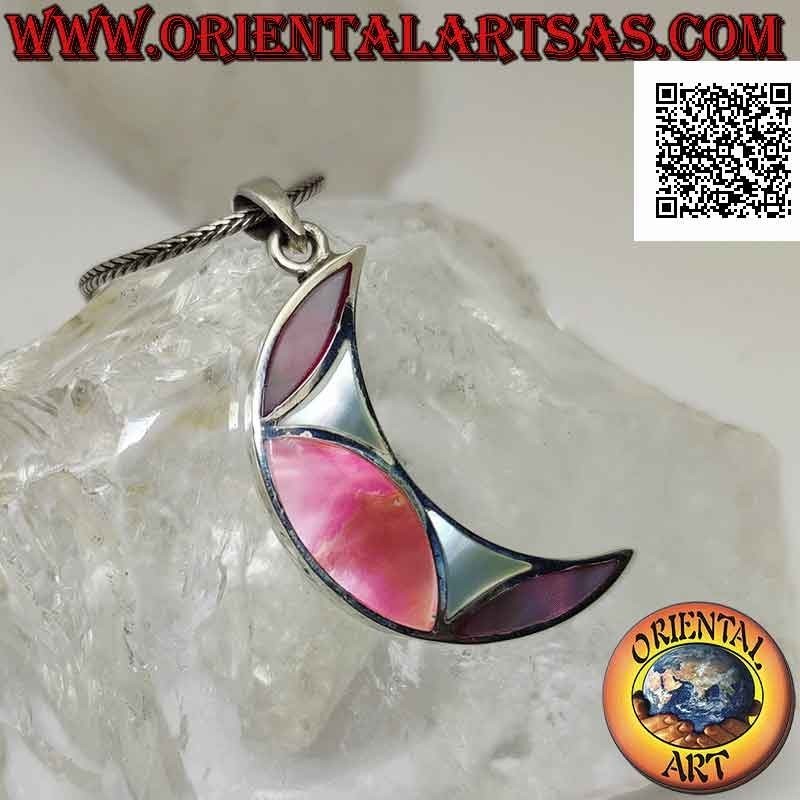Silver pendant, flat crescent decorated with multicolor mother-of-pearl mosaic