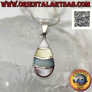 Ciondolo in argento, goccia con fasce curve di madreperla multicolor a filo bordo