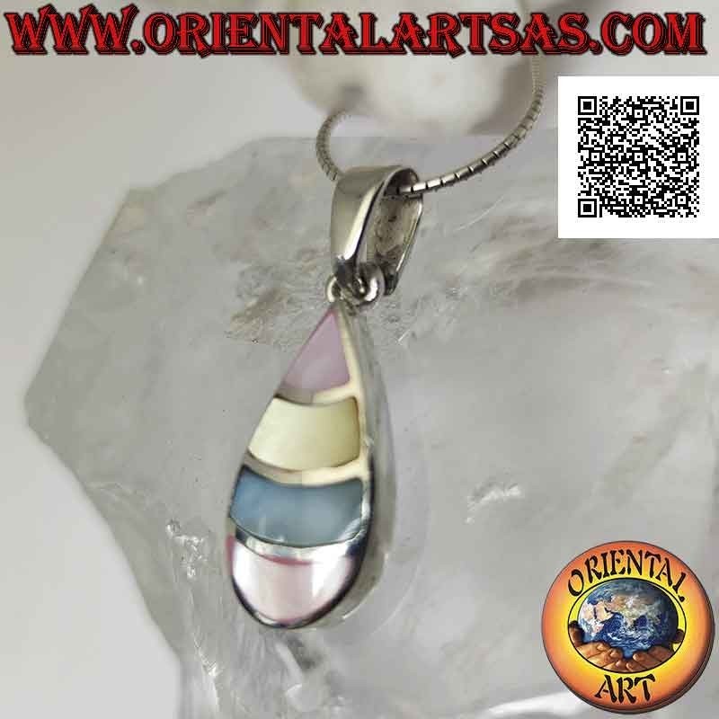Ciondolo in argento, goccia con fasce curve di madreperla multicolor a filo bordo
