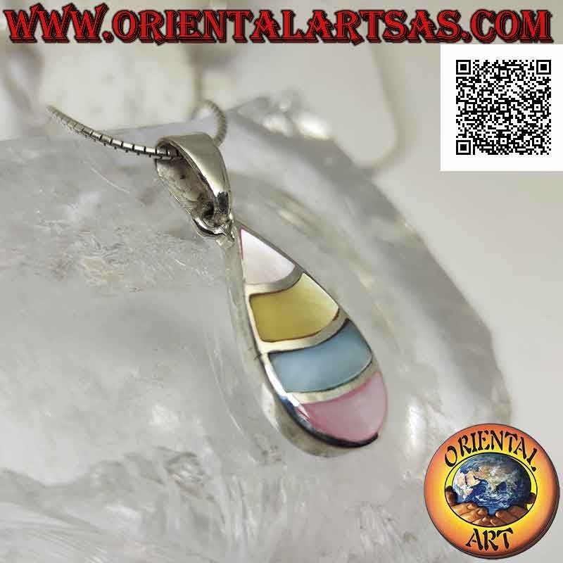 Pendentif en argent, goutte avec bandes incurvées de nacre multicolore au ras du bord