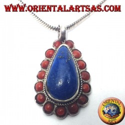 Silver Pendant Lapis drop surrounded by coral
