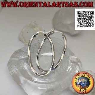 Orecchini in argento, cerchi lisci ovali attorcigliati a sezione quadrata 50 x 30 mm (leva)