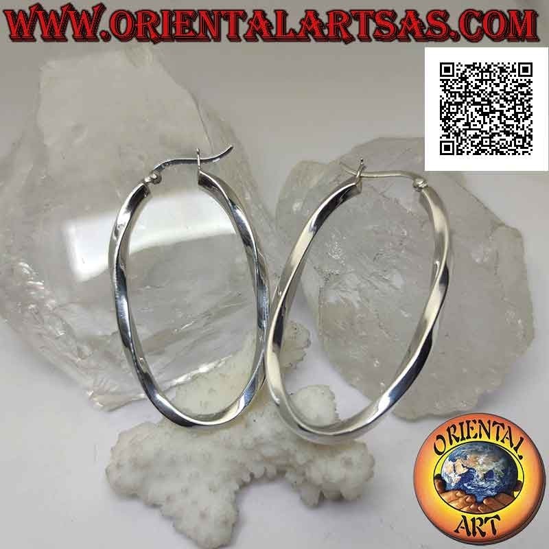 Boucles d'oreilles en argent, cercles torsadés ovales lisses à section carrée 50 x 30 mm (levier)