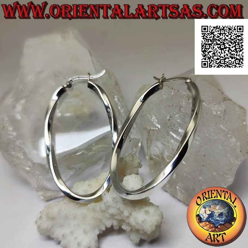 Orecchini in argento, cerchi lisci ovali attorcigliati a sezione quadrata 50 x 30 mm (leva)