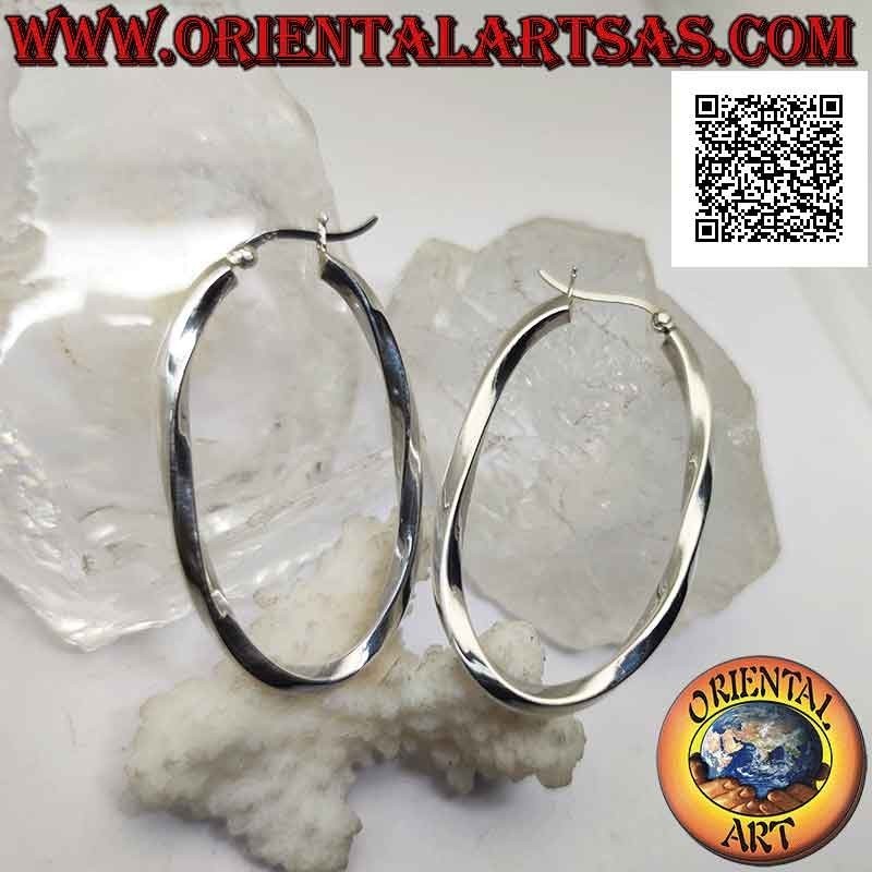 Silver earrings, smooth oval twisted circles with square section 50 x 30 mm (lever)