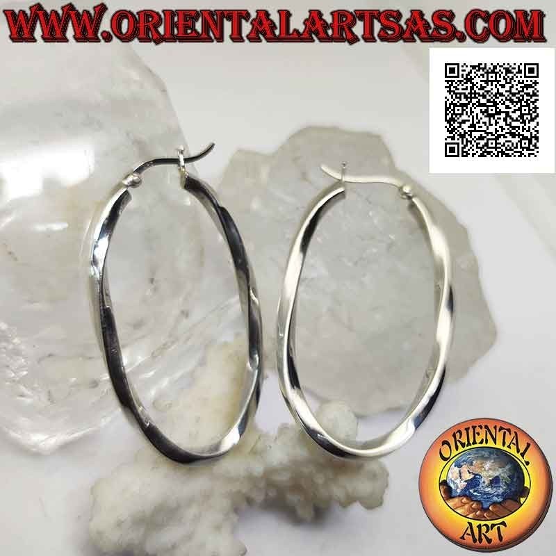 Orecchini in argento, cerchi lisci ovali attorcigliati a sezione quadrata 50 x 30 mm (leva)