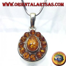 silver pendant with amber teardrop and round around