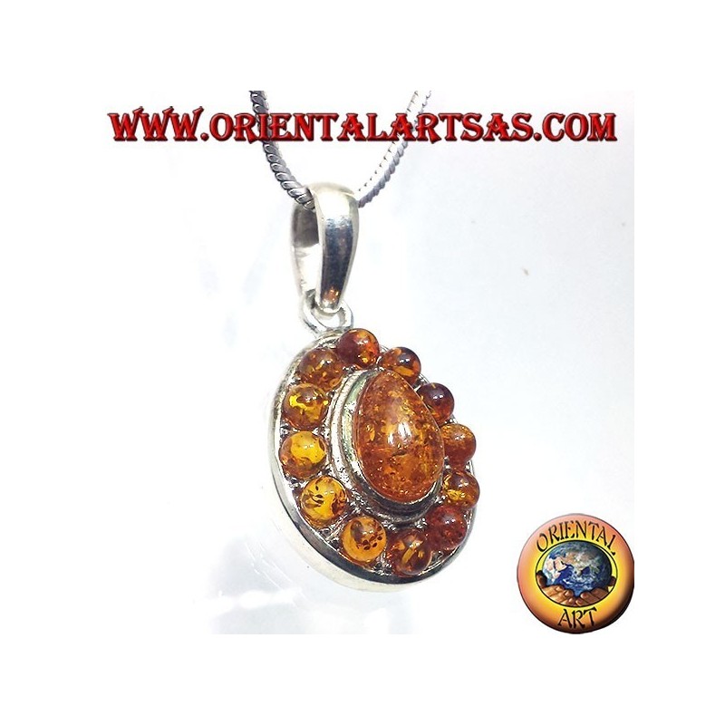 pendentif en argent avec de l'ambre teardrop et rond autour