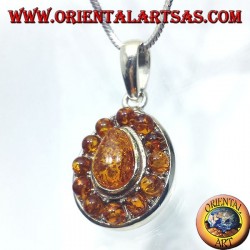 pendentif en argent avec de l'ambre teardrop et rond autour