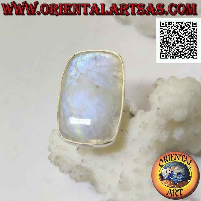 Silver ring with rounded rectangular rainbow moonstone on smooth setting