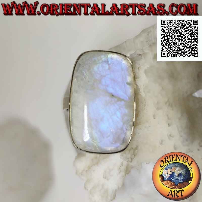 Silver ring with rounded rectangular rainbow moonstone on smooth setting