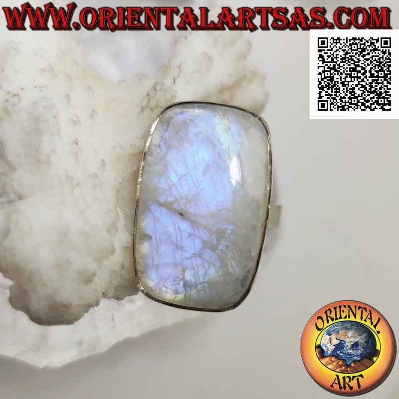 Silver ring with rounded rectangular rainbow moonstone on smooth setting