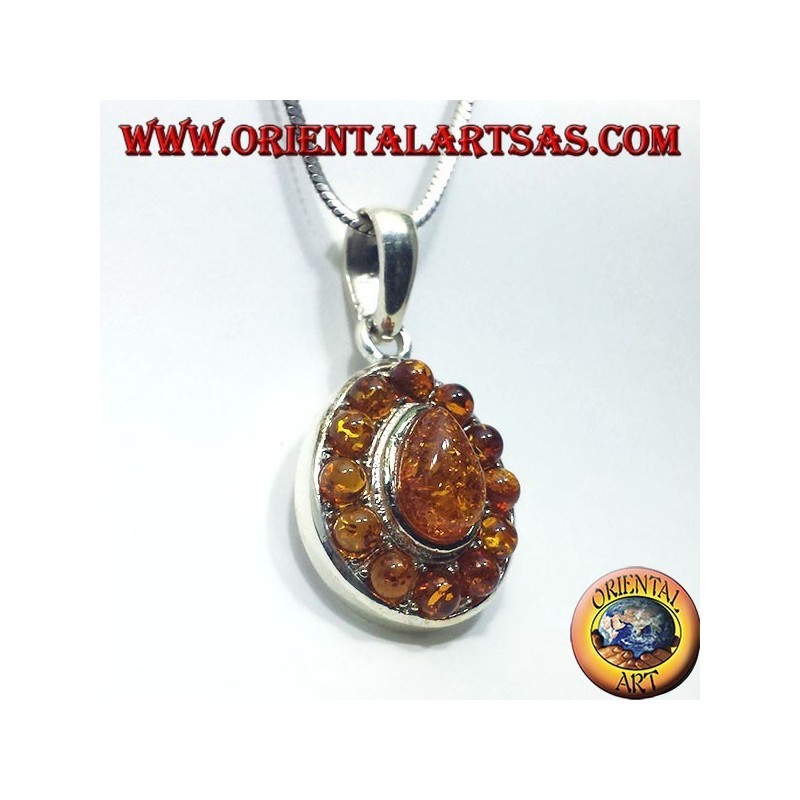 silver pendant with amber teardrop and round around