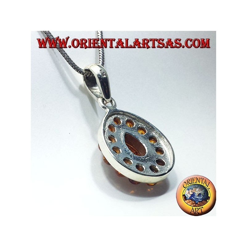 pendentif en argent avec de l'ambre teardrop et rond autour