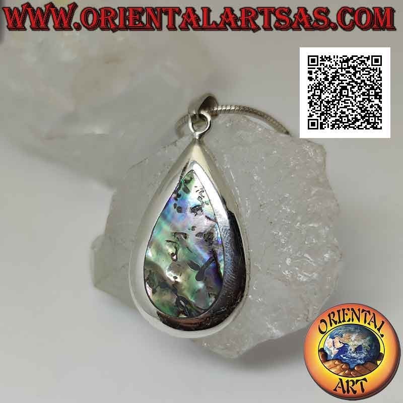 Silver pendant with drop-shaped abalone (paua shell) set flush with the edge on a smooth setting