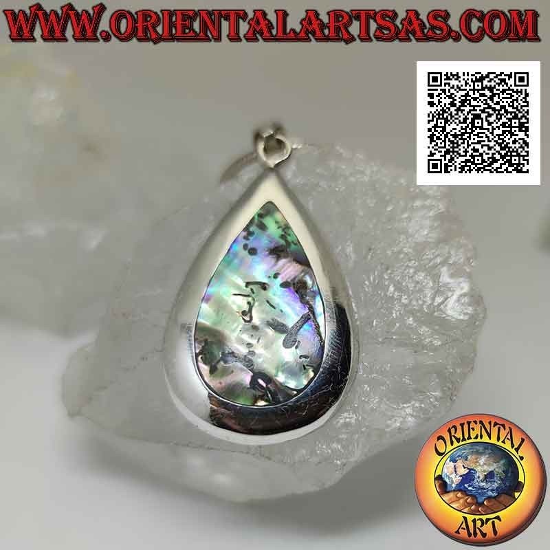 Silver pendant with drop-shaped abalone (paua shell) set flush with the edge on a smooth setting