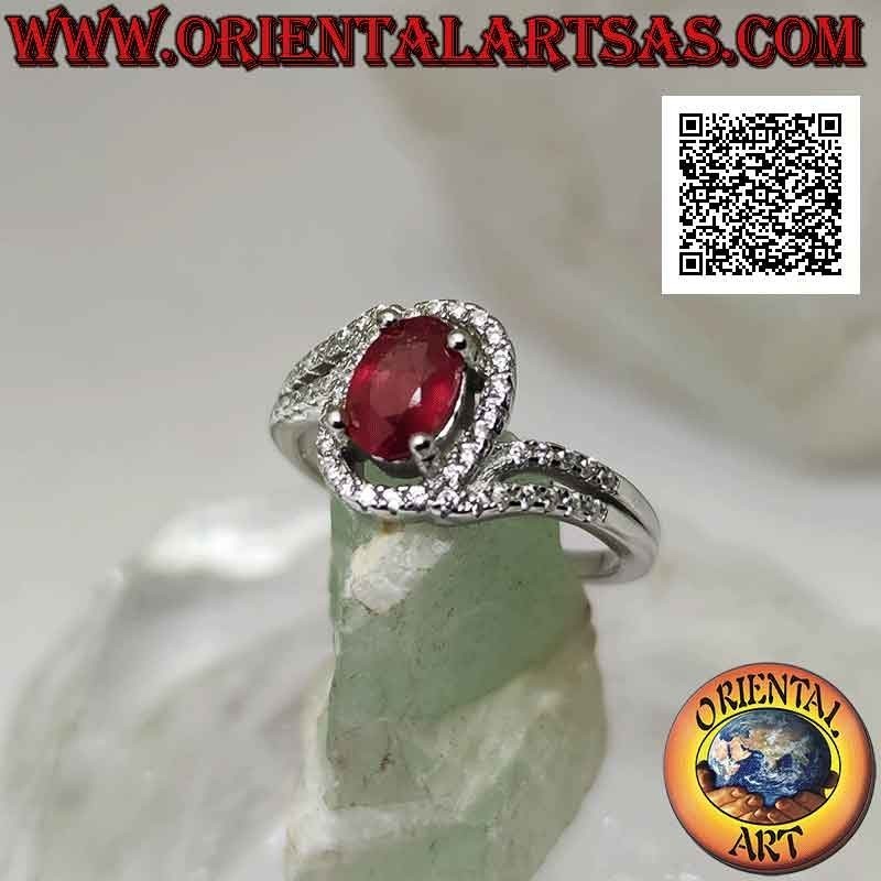 Silver ring (asymmetrical solitaire for two) with oval synthetic ruby set and white zircons