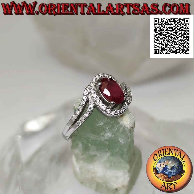 Silver ring (asymmetrical solitaire for two) with oval synthetic ruby set and white zircons