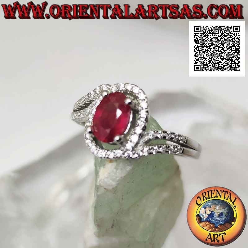 Silver ring (asymmetrical solitaire for two) with oval synthetic ruby set and white zircons