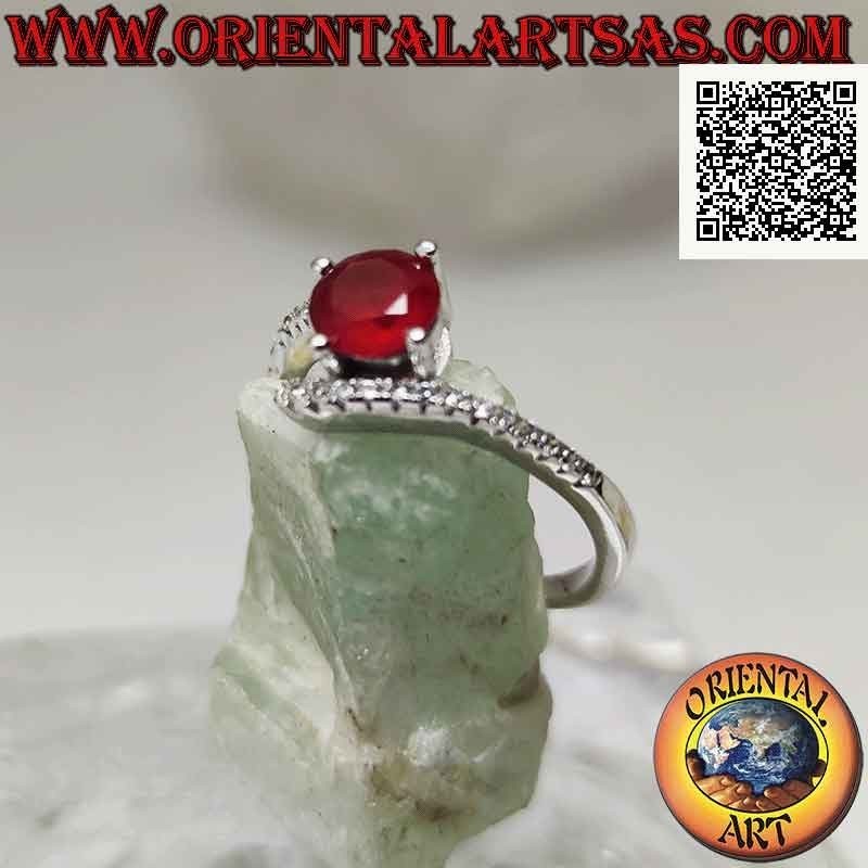 Solitaire silver ring with round synthetic ruby set and white zircons (final below)