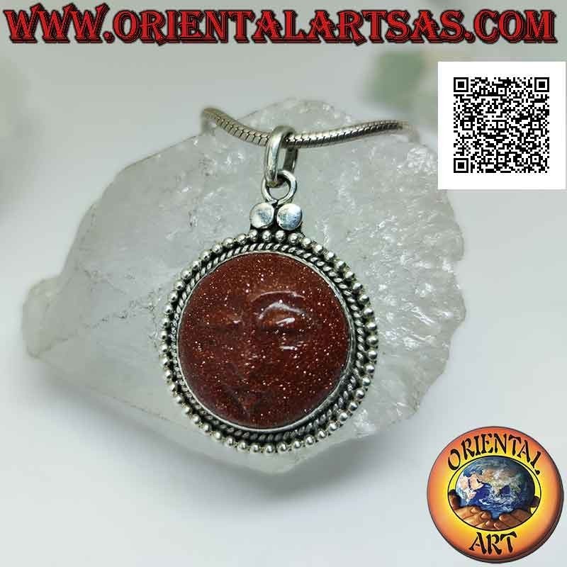 Colgante de plata con camafeo de sol en piedra solar redonda con borde de lunares