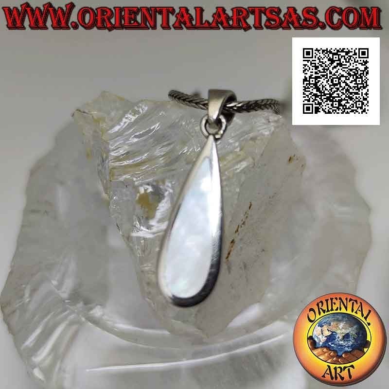 Colgante en plata, nácar con gota alargada con borde liso